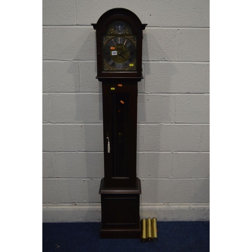 1347 - A MODERN METAMEC MAHOGANY GRANDDAUGHTER CLOCK, with a brass and silvered dial, the arch reading Temp... 