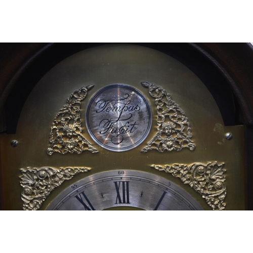 1347 - A MODERN METAMEC MAHOGANY GRANDDAUGHTER CLOCK, with a brass and silvered dial, the arch reading Temp... 