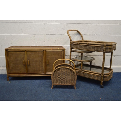 1348 - THREE MATCHING PIECES OF WICKER FURNITURE, to include a low three door sideboard, width 107cm x 41cm... 