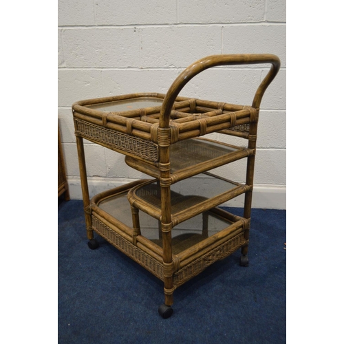 1348 - THREE MATCHING PIECES OF WICKER FURNITURE, to include a low three door sideboard, width 107cm x 41cm... 