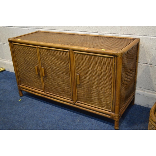 1348 - THREE MATCHING PIECES OF WICKER FURNITURE, to include a low three door sideboard, width 107cm x 41cm... 