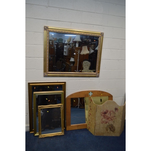 1353 - A MODERN GILT FRAMED WALL MIRROR, 119cm x 94cm, four various other wall mirrors and a modern threefo... 