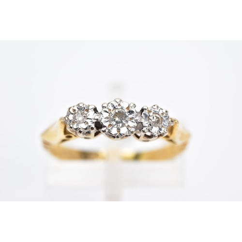 22 - A MID 20TH CENTURY THREE STONE DIAMOND RING, three round brilliant cut diamonds illusion set, estima... 