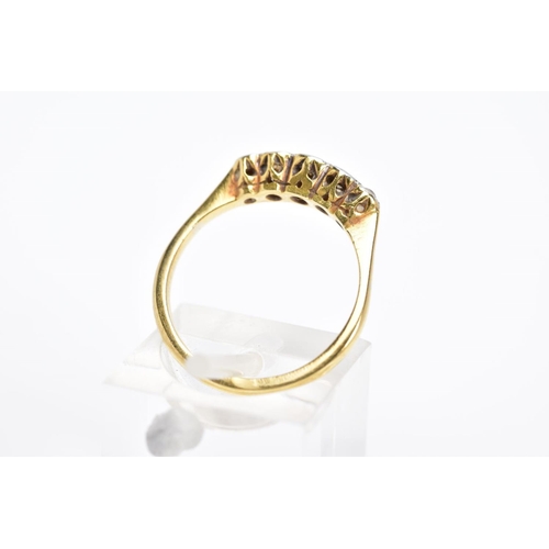 23 - AN EARLY TO MID 20TH CENTURY FIVE STONE DIAMOND HALF HOOP RING, estimated old Swiss and brilliant cu... 