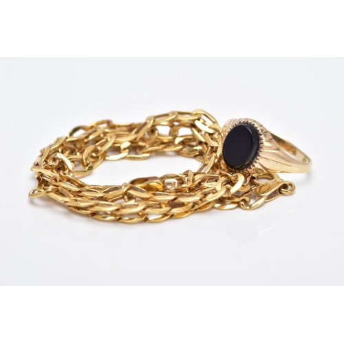 27 - TWO 9CT GOLD JEWELLERY ITEMS, to include an onyx small oval signet ring, ring size E and hollow curb... 