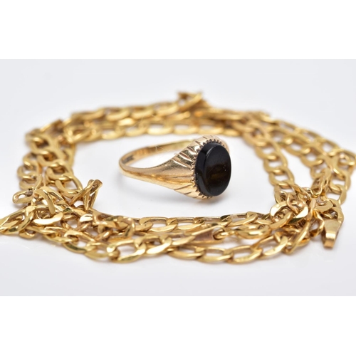 27 - TWO 9CT GOLD JEWELLERY ITEMS, to include an onyx small oval signet ring, ring size E and hollow curb... 