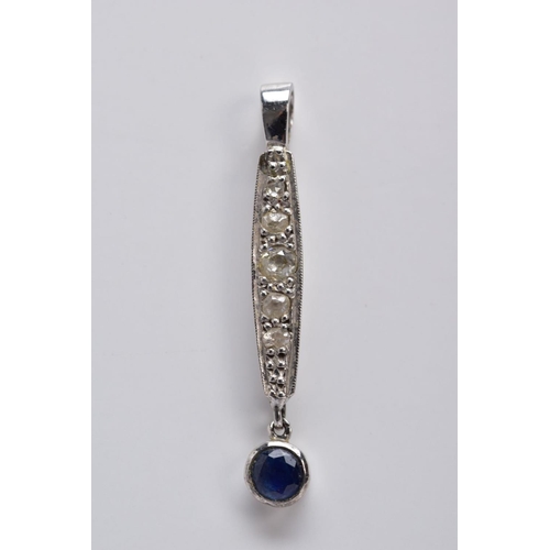 33 - A WHITE METAL DIAMOND AND SAPPHIRE PENDANT, designed with a curved elongated rectangular drop set wi... 