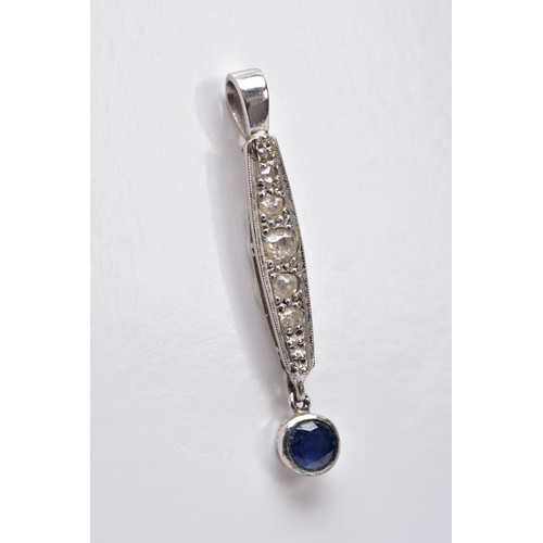 33 - A WHITE METAL DIAMOND AND SAPPHIRE PENDANT, designed with a curved elongated rectangular drop set wi... 