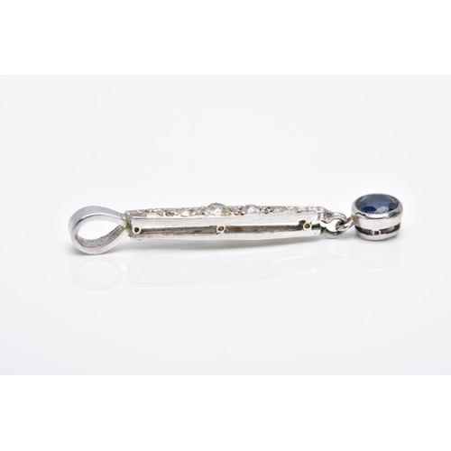 33 - A WHITE METAL DIAMOND AND SAPPHIRE PENDANT, designed with a curved elongated rectangular drop set wi... 