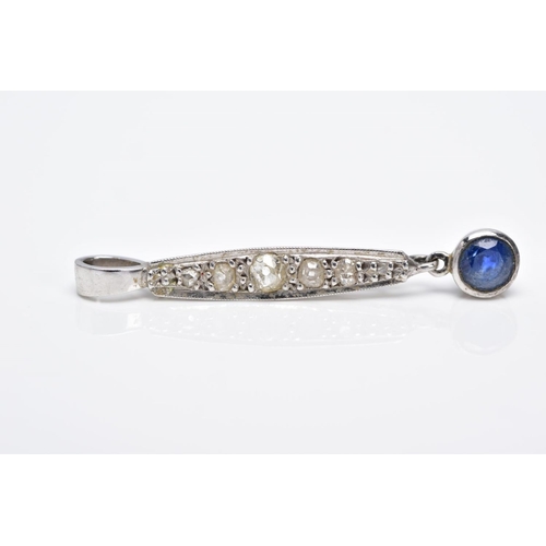 33 - A WHITE METAL DIAMOND AND SAPPHIRE PENDANT, designed with a curved elongated rectangular drop set wi... 