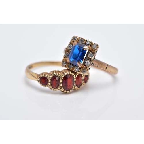 43 - TWO 9CT GOLD GEMSTONE RINGS, to include a blue and white synthetic spinel square cluster ring, ring ... 