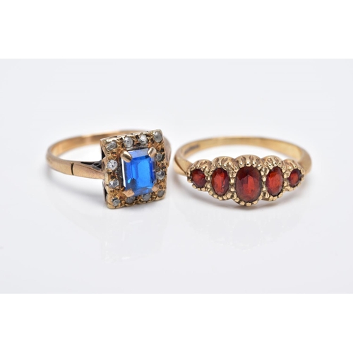 43 - TWO 9CT GOLD GEMSTONE RINGS, to include a blue and white synthetic spinel square cluster ring, ring ... 