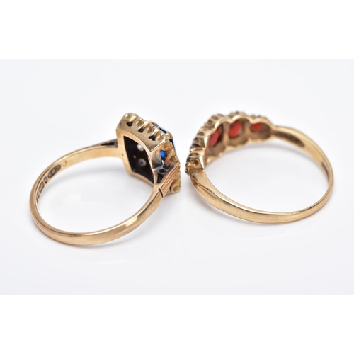 43 - TWO 9CT GOLD GEMSTONE RINGS, to include a blue and white synthetic spinel square cluster ring, ring ... 