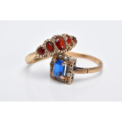 43 - TWO 9CT GOLD GEMSTONE RINGS, to include a blue and white synthetic spinel square cluster ring, ring ... 