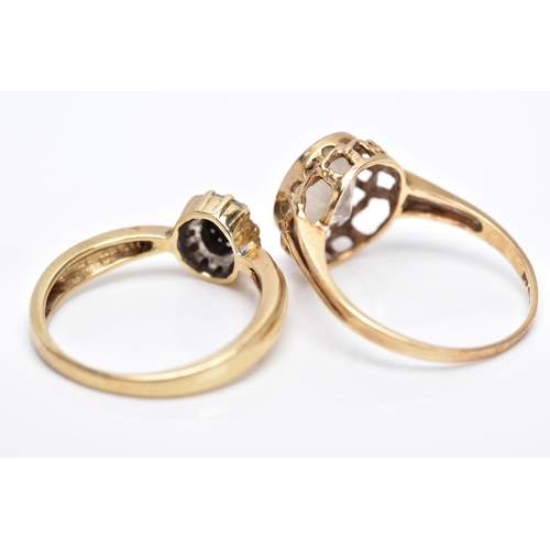 44 - TWO 9CT GOLD GEMSTONE RINGS, to include a sapphire and diamond small oval cluster ring, ring size M½... 