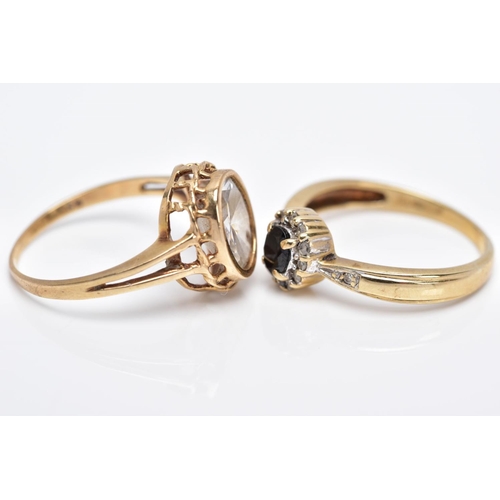 44 - TWO 9CT GOLD GEMSTONE RINGS, to include a sapphire and diamond small oval cluster ring, ring size M½... 