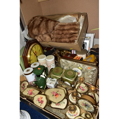 457 - TWO BOXES OF PETIT POINT DRESSING TABLE SETS, BRASS CANDLESTICKS, CAMERAS, ETC, a boxed fur stole, a... 