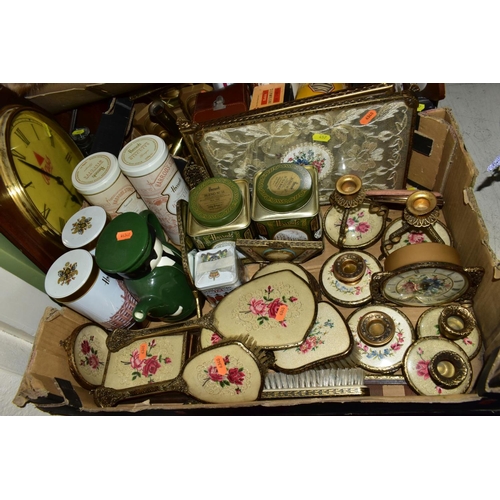 457 - TWO BOXES OF PETIT POINT DRESSING TABLE SETS, BRASS CANDLESTICKS, CAMERAS, ETC, a boxed fur stole, a... 