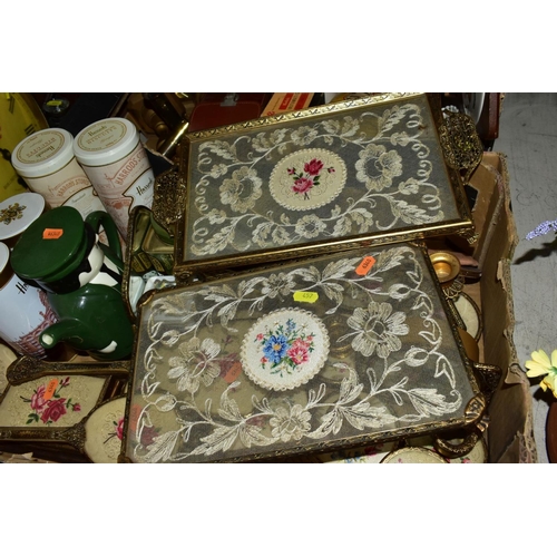 457 - TWO BOXES OF PETIT POINT DRESSING TABLE SETS, BRASS CANDLESTICKS, CAMERAS, ETC, a boxed fur stole, a... 