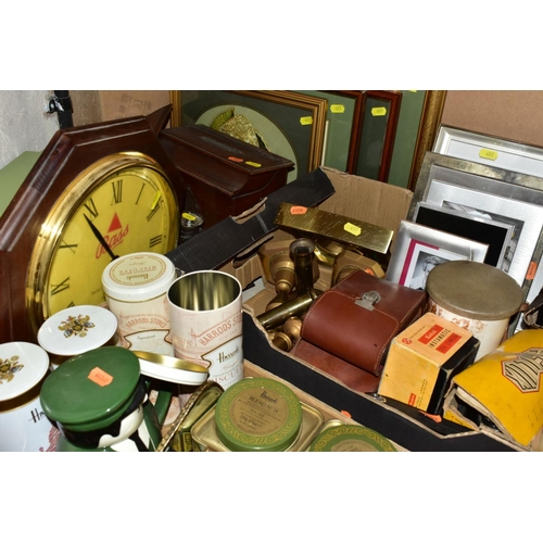 457 - TWO BOXES OF PETIT POINT DRESSING TABLE SETS, BRASS CANDLESTICKS, CAMERAS, ETC, a boxed fur stole, a... 