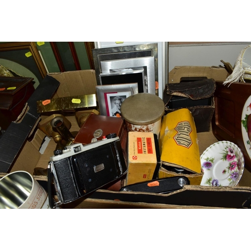 457 - TWO BOXES OF PETIT POINT DRESSING TABLE SETS, BRASS CANDLESTICKS, CAMERAS, ETC, a boxed fur stole, a... 