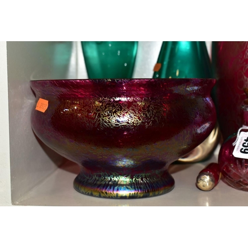 459 - A ROYAL BRIERLEY RED AND IRIDESCENT ART GLASS BALUSTER VASE, height 23cm, sticker to underside, toge... 