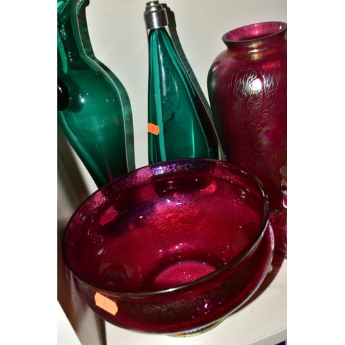 459 - A ROYAL BRIERLEY RED AND IRIDESCENT ART GLASS BALUSTER VASE, height 23cm, sticker to underside, toge... 