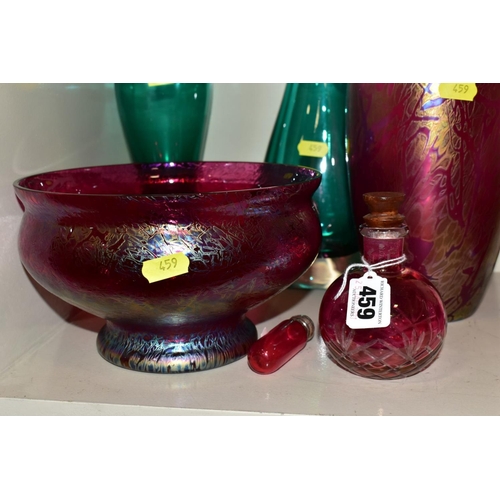 459 - A ROYAL BRIERLEY RED AND IRIDESCENT ART GLASS BALUSTER VASE, height 23cm, sticker to underside, toge... 