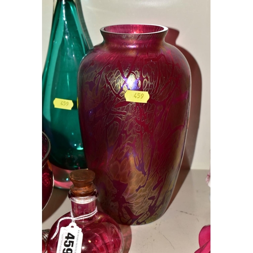 459 - A ROYAL BRIERLEY RED AND IRIDESCENT ART GLASS BALUSTER VASE, height 23cm, sticker to underside, toge... 