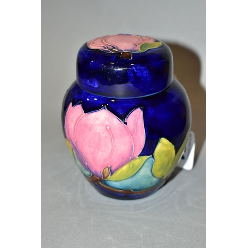 461 - A MOORCROFT GINGER JAR AND COVER, dark blue ground with pink magnolia, impressed marks, height 11cm