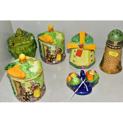 463 - FOUR JAPANESE MARUTOMOWARE POTTERY NOVELTY PRESERVE POTS AND COVERS AND SIMILAR ITEMS, including a w... 