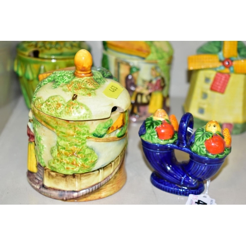 463 - FOUR JAPANESE MARUTOMOWARE POTTERY NOVELTY PRESERVE POTS AND COVERS AND SIMILAR ITEMS, including a w... 