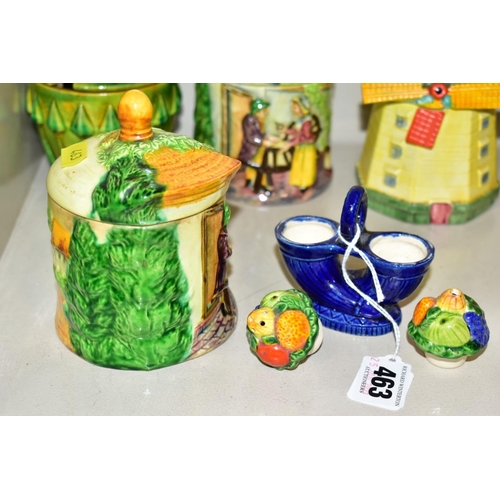 463 - FOUR JAPANESE MARUTOMOWARE POTTERY NOVELTY PRESERVE POTS AND COVERS AND SIMILAR ITEMS, including a w... 