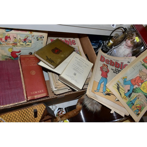 464 - A BOX OF BOOKS, DEBBIE AND BUNTY COMICS, ETC, including modern bisque head costume and collectors do... 