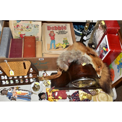 464 - A BOX OF BOOKS, DEBBIE AND BUNTY COMICS, ETC, including modern bisque head costume and collectors do... 