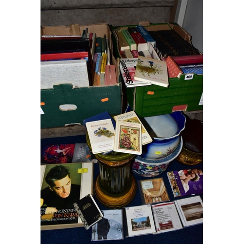 465 - TWO BOXES OF BOOKS AND LOOSE, CERAMIC JARDINIERES AND A STAND ETC, including boxed set of Beethoven ... 