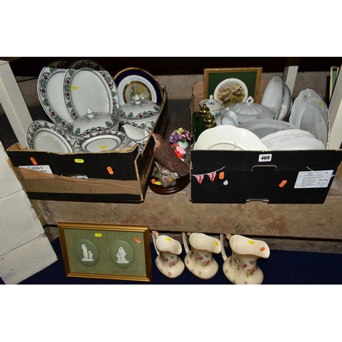 469 - TWO BOXES AND LOOSE CERAMICS, including a pair of mounted and framed green jasperware plaques, a qua... 