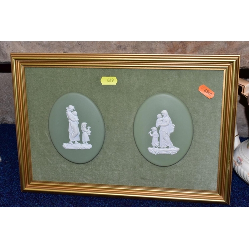 469 - TWO BOXES AND LOOSE CERAMICS, including a pair of mounted and framed green jasperware plaques, a qua... 