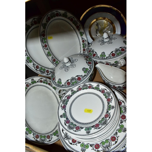 469 - TWO BOXES AND LOOSE CERAMICS, including a pair of mounted and framed green jasperware plaques, a qua... 