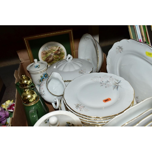 469 - TWO BOXES AND LOOSE CERAMICS, including a pair of mounted and framed green jasperware plaques, a qua... 