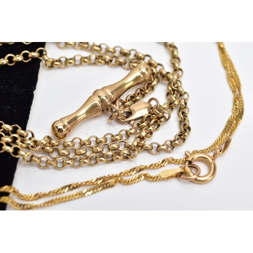 48 - TWO 9CT GOLD CHAINS, to include a fine twisted curb link chain, measuring approximately 460mm in len... 