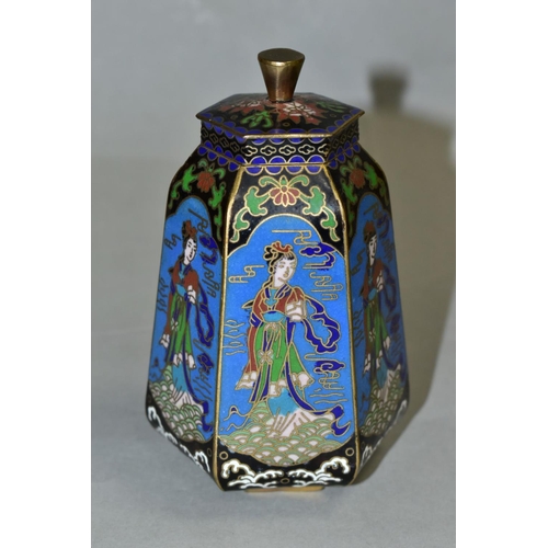 481 - A CHINESE CLOISONNE HEXAGONAL SHAPED JAR WITH LID, the six panels decorated with a repeat pattern of... 