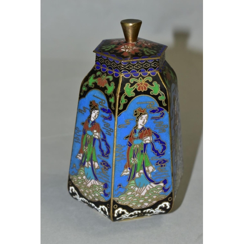 481 - A CHINESE CLOISONNE HEXAGONAL SHAPED JAR WITH LID, the six panels decorated with a repeat pattern of... 