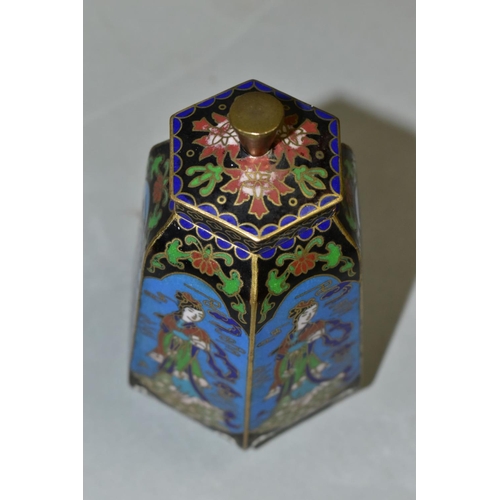 481 - A CHINESE CLOISONNE HEXAGONAL SHAPED JAR WITH LID, the six panels decorated with a repeat pattern of... 