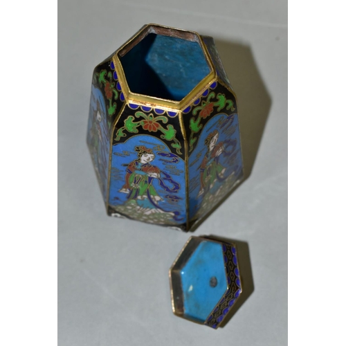 481 - A CHINESE CLOISONNE HEXAGONAL SHAPED JAR WITH LID, the six panels decorated with a repeat pattern of... 