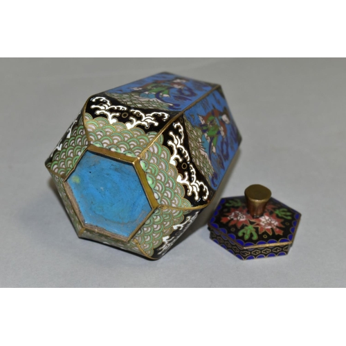 481 - A CHINESE CLOISONNE HEXAGONAL SHAPED JAR WITH LID, the six panels decorated with a repeat pattern of... 