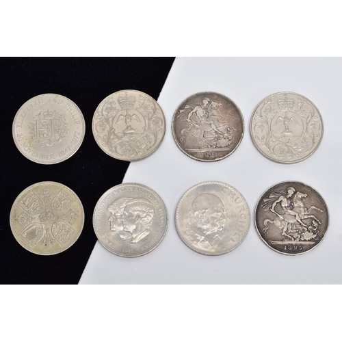 49 - EIGHT COMMEMORATIVE COINS, to include an 1821 Georgius IIII coin, an 1895 Victoria coin, a 1965 Eliz... 