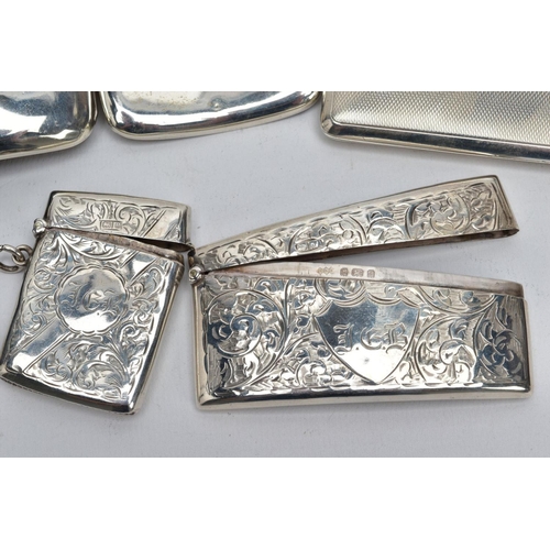 52 - A SILVER CARD CASE, TWO CIGARETTE CASES AND VESTA, to include a curved rectangular card case with a ... 