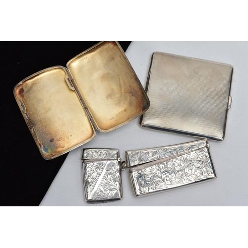 52 - A SILVER CARD CASE, TWO CIGARETTE CASES AND VESTA, to include a curved rectangular card case with a ... 