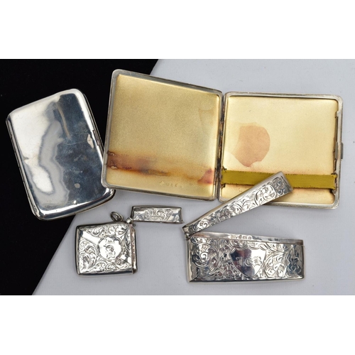 52 - A SILVER CARD CASE, TWO CIGARETTE CASES AND VESTA, to include a curved rectangular card case with a ... 